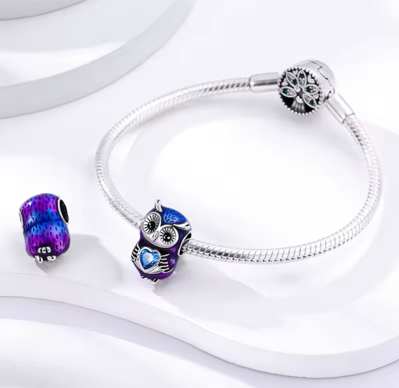 Midnight Wisdom Owl Charm – Sterling Silver & Blue Crystal