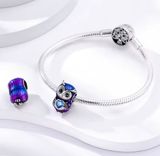 Midnight Wisdom Owl Charm – Sterling Silver & Blue Crystal