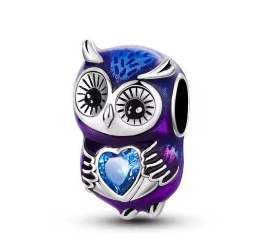 Midnight Wisdom Owl Charm – Sterling Silver & Blue Crystal