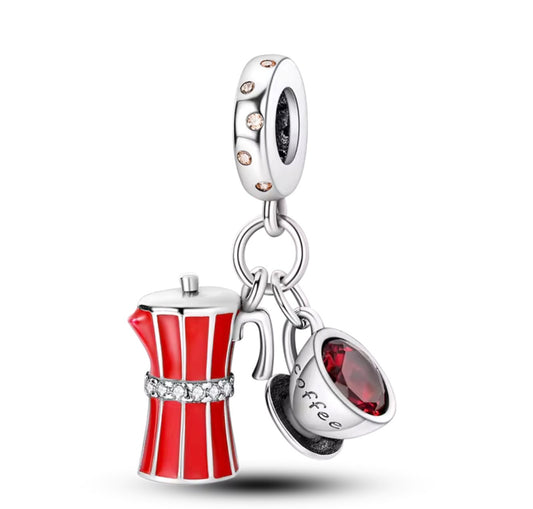 Coffee Lover Dangle Charm – Red Enamel & Sterling Silver