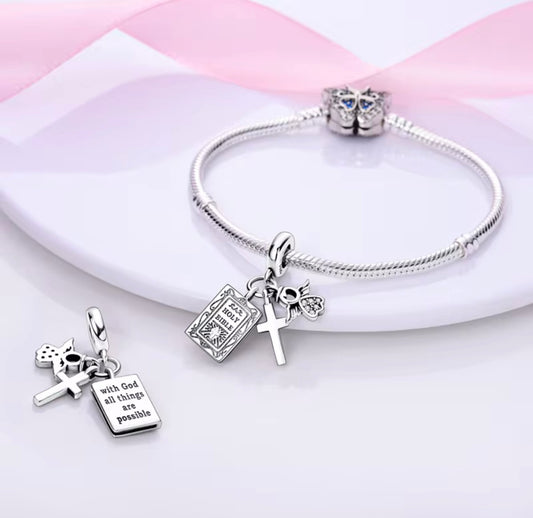 “Faith & Grace” Sterling Silver Bible, Cross & Angel Charm
