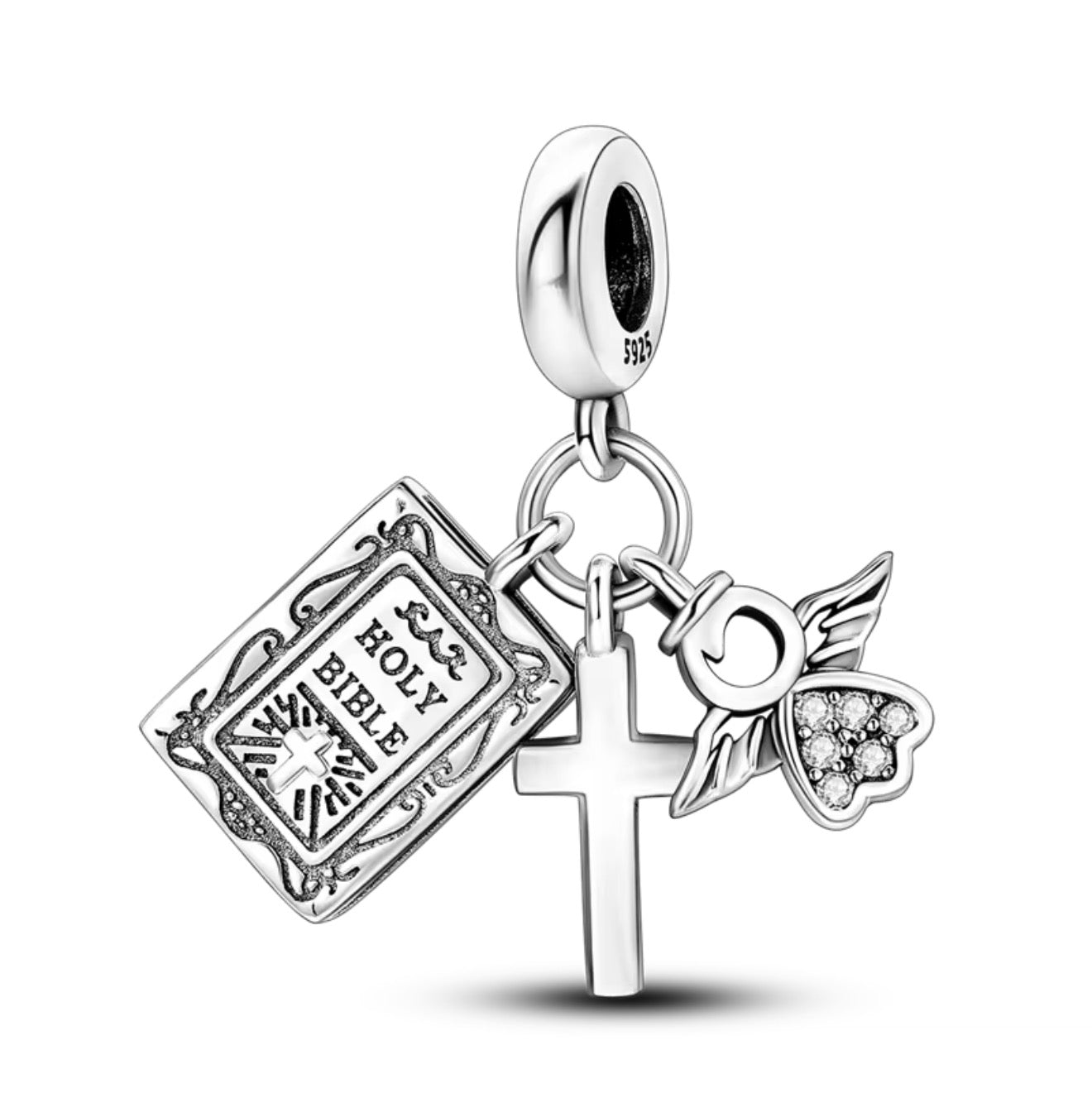“Faith & Grace” Sterling Silver Bible, Cross & Angel Charm