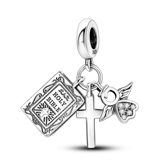 “Faith & Grace” Sterling Silver Bible, Cross & Angel Charm