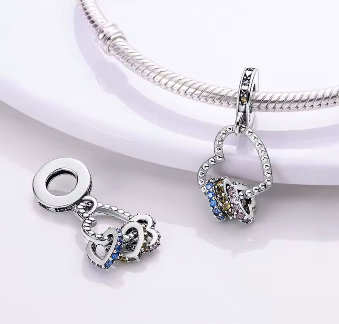 Colorful Linked Hearts Charm – Sterling Silver & Rainbow Crystals
