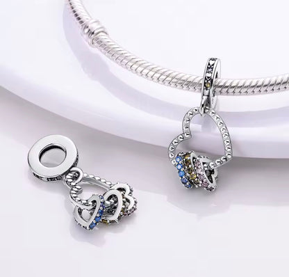 Colorful Linked Hearts Charm – Sterling Silver & Rainbow Crystals