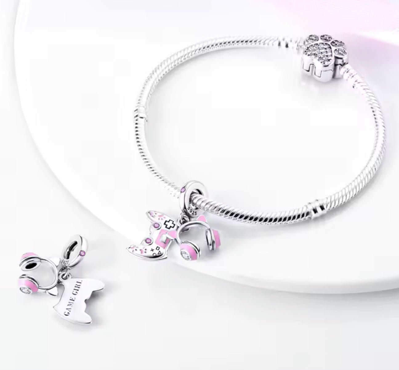 Gamer Girl Charm – Sterling Silver & Pink Enamel