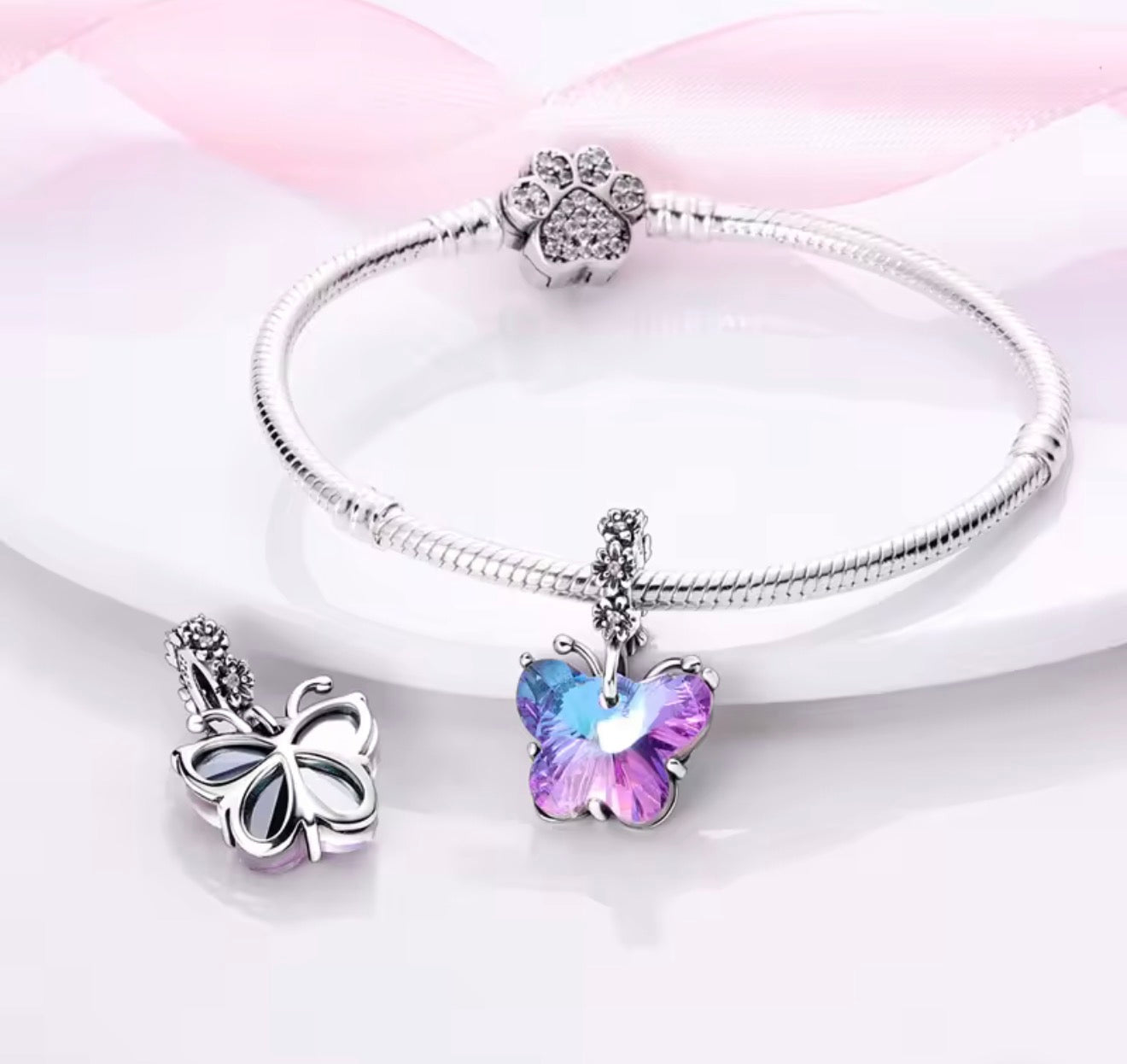 Radiant Butterfly Charm – Sterling Silver & Aurora Crystal
