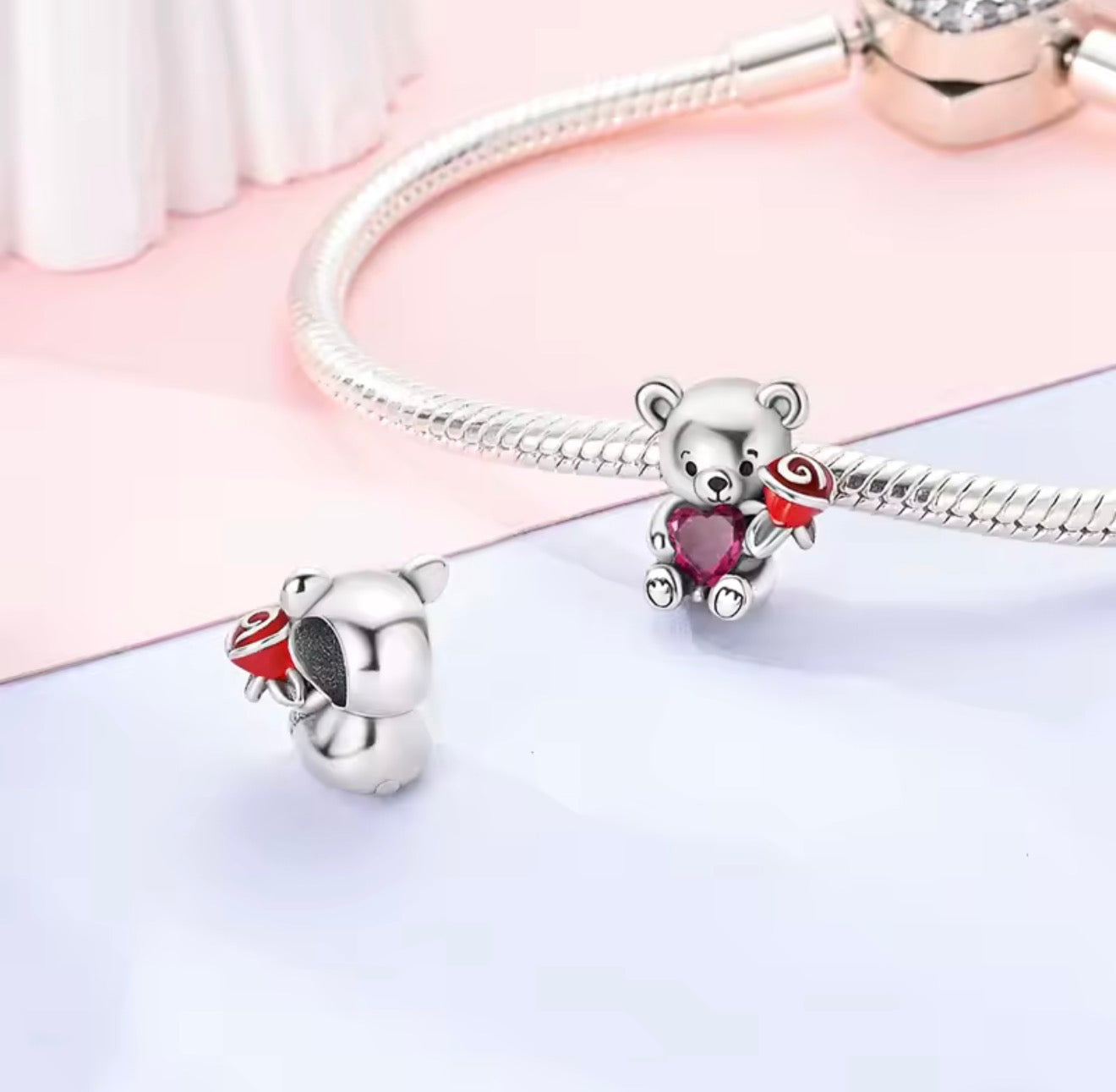 Sweetheart Teddy Bear Charm – Sterling Silver & Pink Crystal