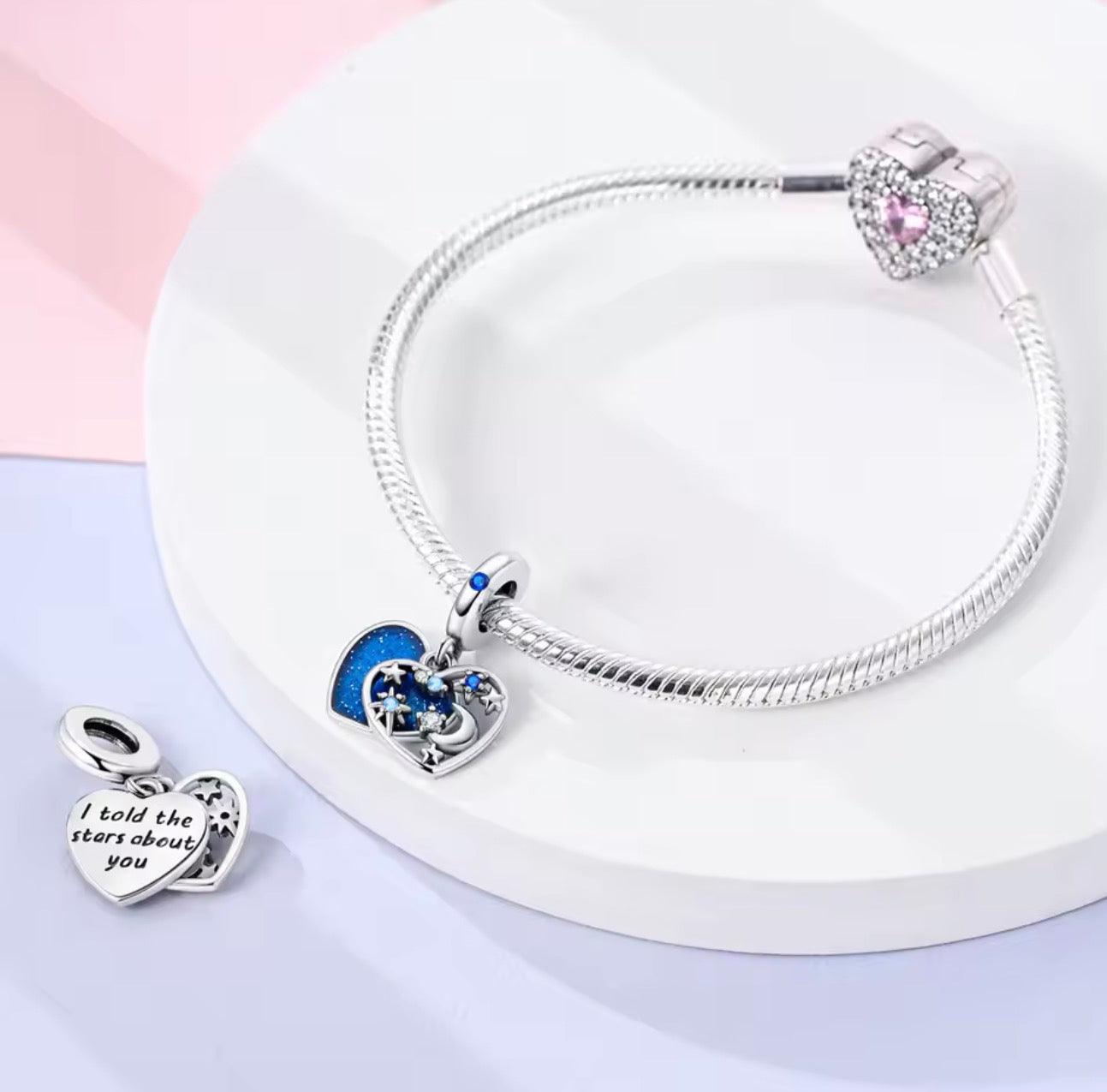 Midnight Sky Heart Charm – Sterling Silver & Blue Crystal