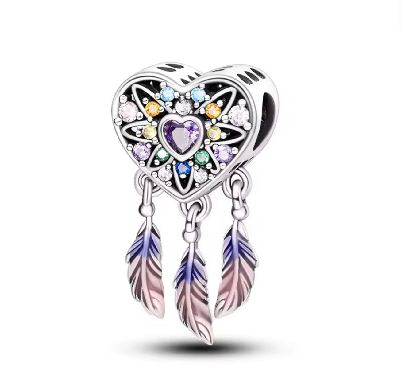 Dreamcatcher Heart Charm – Sterling Silver & Rainbow Crystals
