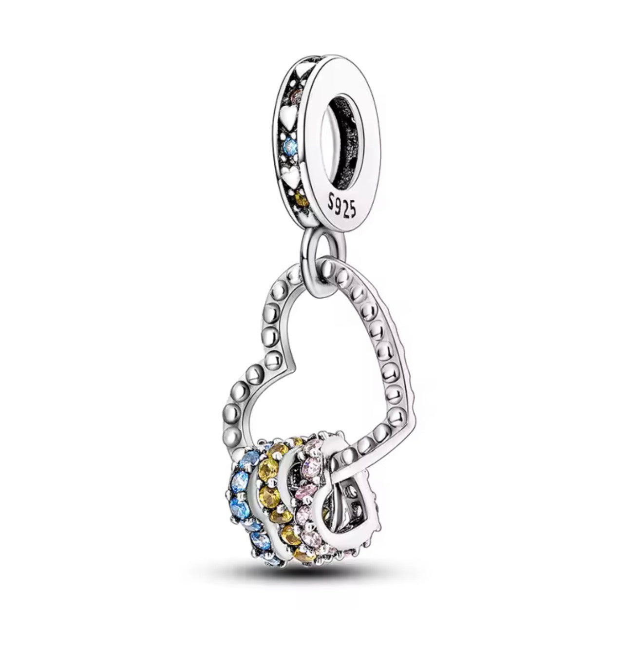Colorful Linked Hearts Charm – Sterling Silver & Rainbow Crystals