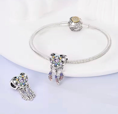 Dreamcatcher Heart Charm – Sterling Silver & Rainbow Crystals