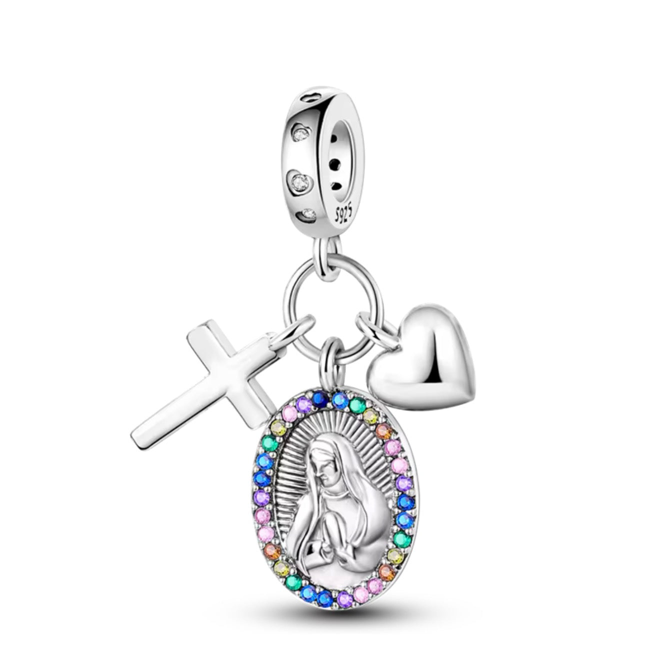Faith in Color Charm – Sterling Silver Virgin, Cross & Heart Dangle