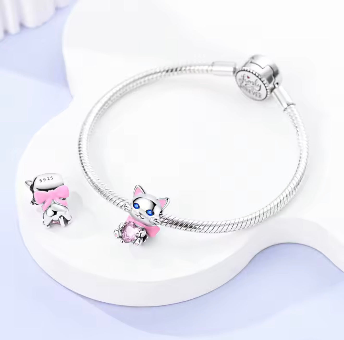 Pink Bow Kitty Charm – Sterling Silver & Pink Crystal