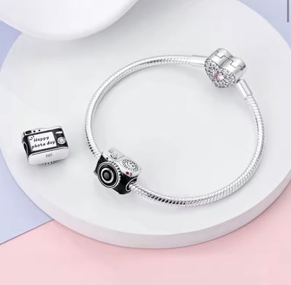 Classic Camera Charm – Sterling Silver & Black Enamel
