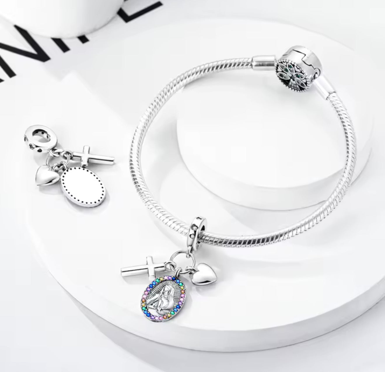 Faith in Color Charm – Sterling Silver Virgin, Cross & Heart Dangle