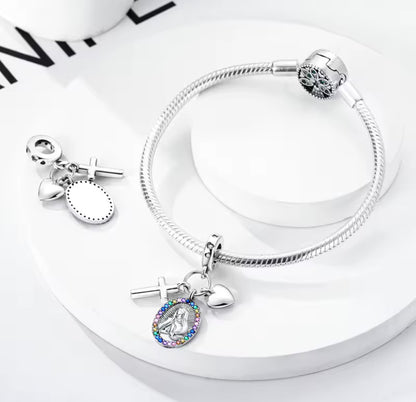 Faith in Color Charm – Sterling Silver Virgin, Cross & Heart Dangle